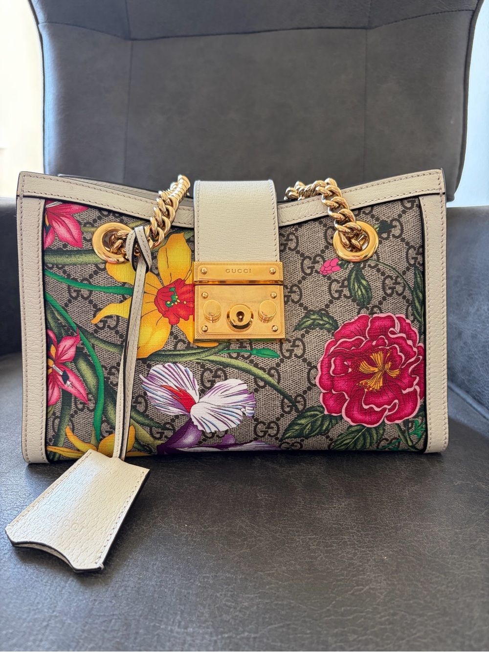 Gucci Floral GG Supreme Shoulder Bag in Beige, Pink, Yellow, Green